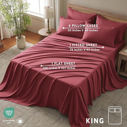 King Size Sheets Set - 6 Piece Luxuriously Soft & Cooling Sheets King Size - Ultra Soft 16" Deep Pocket King Sheet Set - Fitted Sheet & Pillowcase Sets (King Burgundy)