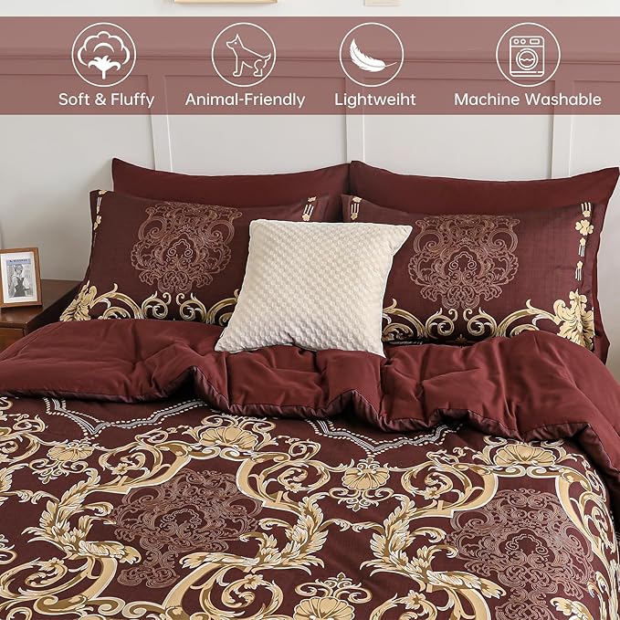 Mybedsoul 7 Pieces Burgundy Comforter Set King Size, Damask Bed in a Bag for King Bed, Lightweight Microfiber Boho Bedding Sets with Comforter, Sheet, Pillowcases & Shams for All Season(90"x104")