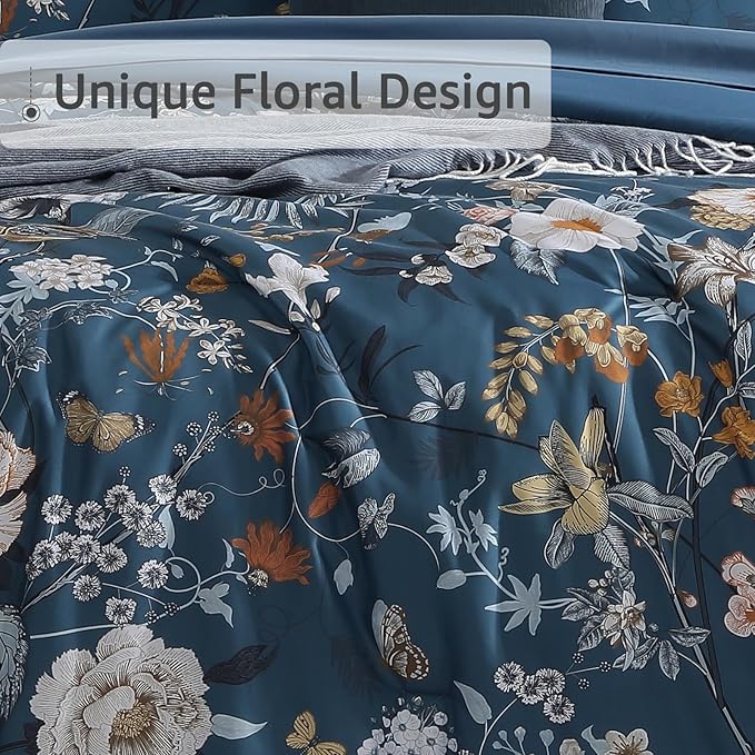 CASAAGUSTO Full Size Comforter Sets - 7 Pieces Blue Floral Bedding Sets, Bed in a Bag Full with Botanical Butterfly Comforter, Sheets, Pillowcases & Shams for All Seasons