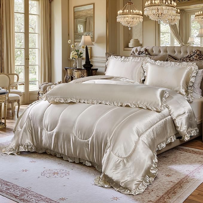Satin King Comforter Set Silk Like Satin Bedding Set Hotel Soft Polyester Beige Bed Set Luxury Silky Pillow Cover with Quilt Set Ruffle Down Comforter Home Decor