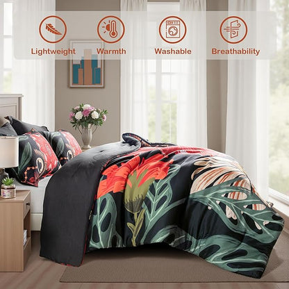 Black Red Boho Floral King Comforter Set - 3 Piece Farmhouse Botanical Bedding Comforter Sets for All Season Soft Lightweight Mid Century Bed Set, (1 Reversible Comforter and 2 Pillow Shams