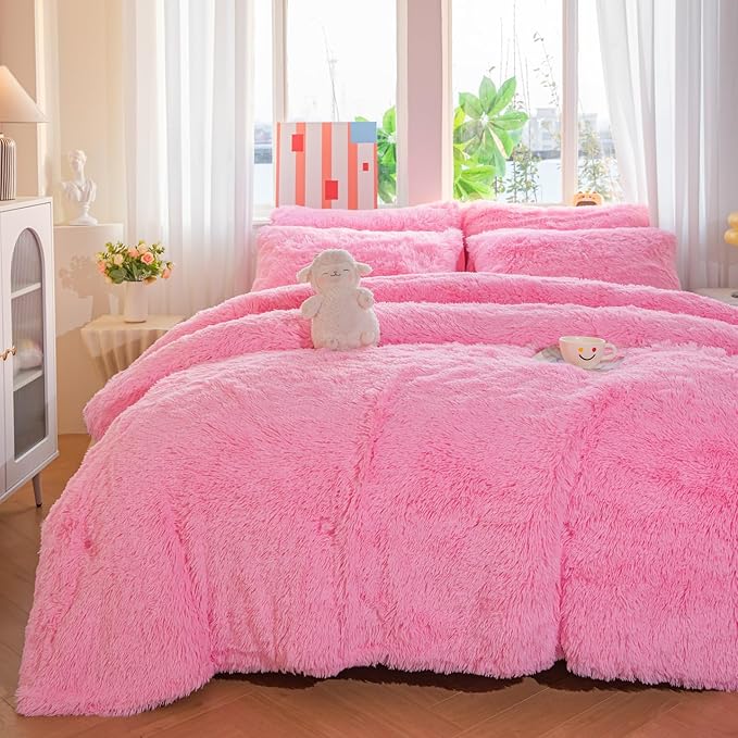 chovy Faux Fur Plush Pink Comforter Sets Full/Queen - Ultra Soft Shaggy Flannel Velvet Fluffy Fuzzy 3PC Bedding Sets （Comforter x 1 Pillowcases x 2）