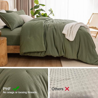 PHF Soft Waffle Comforter Set Queen Size- Comfy Breathable Waffle Weave Comforter with 2 Pillow Shams, 3 Pieces Less Snagging Lightweight Textured Bedding Set for All Season, Olive Green