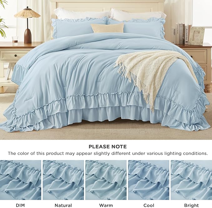 Andency Light Blue Twin Size Comforter Set, 2 Pieces Lightweight Fluffy Ruffle Bedding Set for Dorm, All Season Soft Farmhouse Shabby Chic Bed Set for Kids, College Dorm (66x90In Comforter)