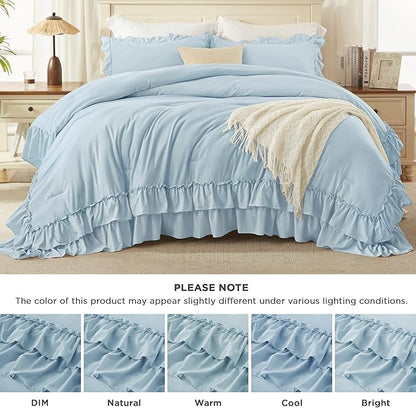 Andency Light Blue Twin Size Comforter Set, 2 Pieces Lightweight Fluffy Ruffle Bedding Set for Dorm, All Season Soft Farmhouse Shabby Chic Bed Set for Kids, College Dorm (66x90In Comforter)