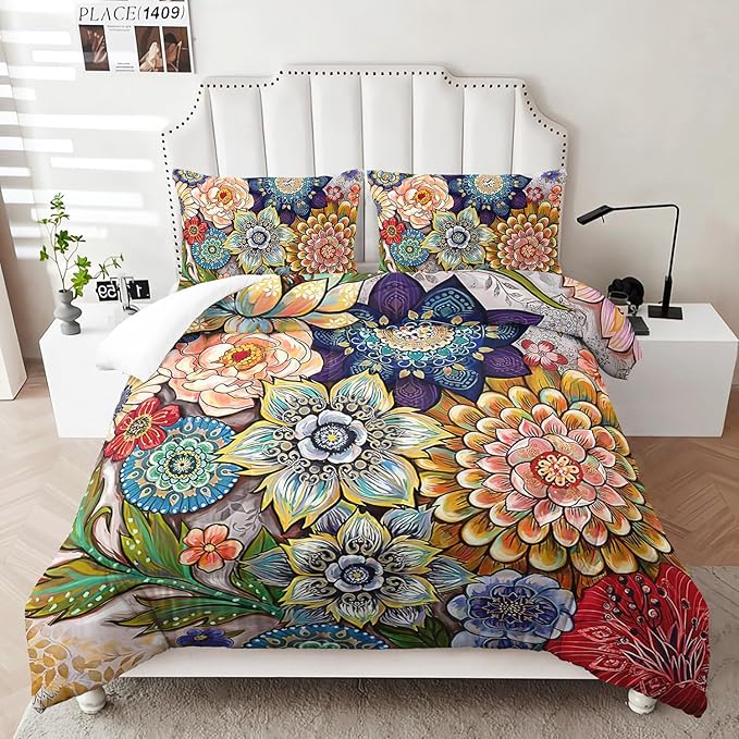 3 Piece Boho Floral Bedding Set,Colorful Flowers Comforter Set,Bohemian Reversible Down Alternative Bed Sets,Full Size Soft Microfiber Flower Duvet Vintage Bedding in a Bag for Women Men