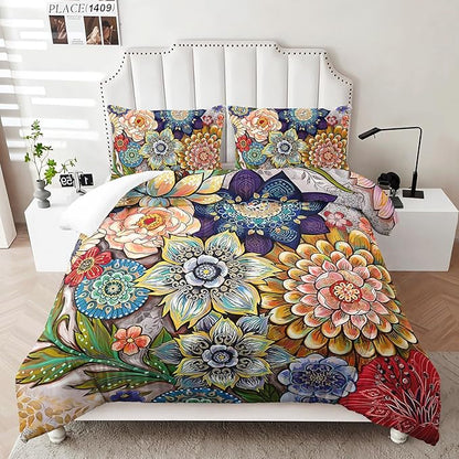 3 Piece Boho Floral Bedding Set,Colorful Flowers Comforter Set,Bohemian Reversible Down Alternative Bed Sets,Full Size Soft Microfiber Flower Duvet Vintage Bedding in a Bag for Women Men