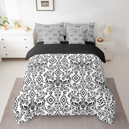 Comforter Set Queen Size, Black Aztec Damask 7 Pcs Bedding for Kids and Adults, Victorian Decor Western Baroque Goth Bed Sheet Sets with Fitted Sheet 2 Pillowcases & 2 Shams for Bedroom Bed Decor