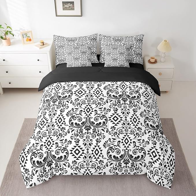 Comforter Set King Size, Black Aztec Damask 7 Pcs Bedding for Kids and Adults, Victorian Decor Western Baroque Goth Bed Sheet Sets with Fitted Sheet 2 Pillowcases & 2 Shams for Bedroom Bed Decor