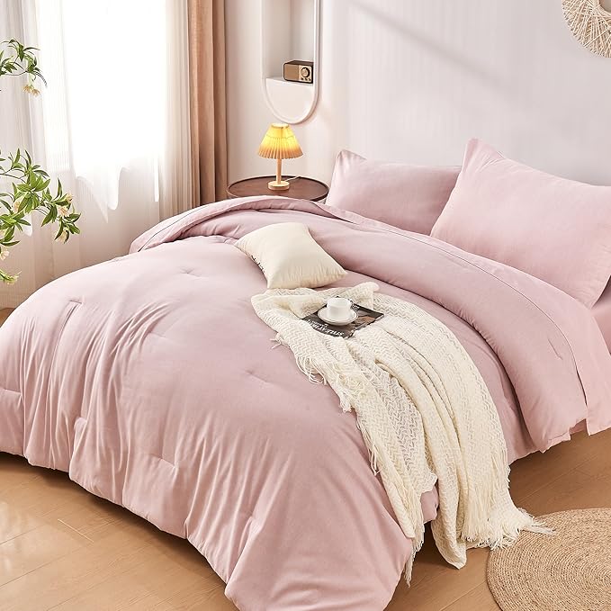 DECMAY Twin Comforter Set with Sheets, 5 Pieces Pink Twin Comforter Set, Cationic Dyeing Bed in a Bag Bedding Set with Comforter, Flat Sheet, Fitted Sheet, Pillowcase and Pillow Sham (Twin, Pink) | twin comforter set, twin bedding set, twin bed set