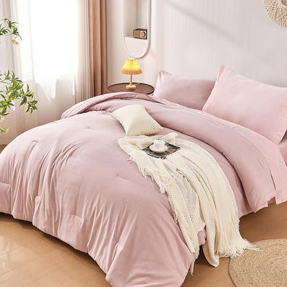 DECMAY Twin Comforter Set with Sheets, 5 Pieces Pink Twin Comforter Set, Cationic Dyeing Bed in a Bag Bedding Set with Comforter, Flat Sheet, Fitted Sheet, Pillowcase and Pillow Sham (Twin, Pink) | twin comforter set, twin bedding set, twin bed set