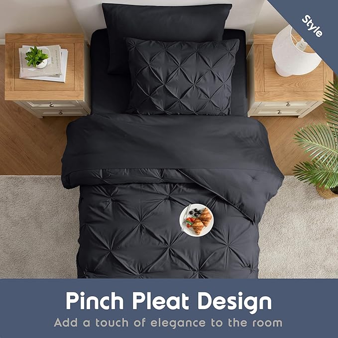 Nestl Twin Comforter Set 5 Piece - Pintuck Twin Bedding Sets Black, College Dorm Room Essentials for Girls and Boys Bed in a Bag Twin All Season, Twin Comforter Set with Sheets, Pillowcase and Sham