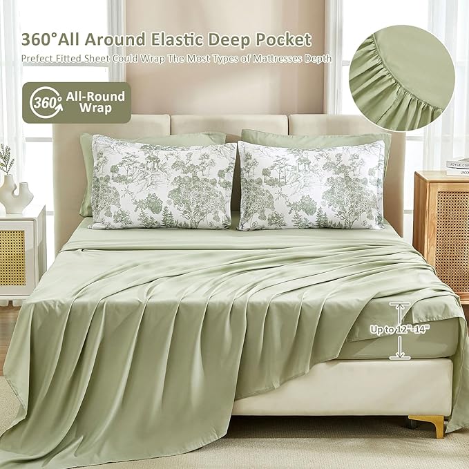 DJY Comforter Set Queen Size, Sage Green 7 Pieces Bed in a Bag Queen Botanical Comforters with Sheets Elegant Plants Print Soft Microfiber Reversible Complete Bedding Sets for All Season