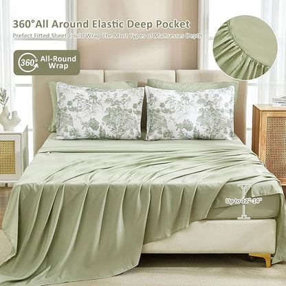 DJY Comforter Set Queen Size, Sage Green 7 Pieces Bed in a Bag Queen Botanical Comforters with Sheets Elegant Plants Print Soft Microfiber Reversible Complete Bedding Sets for All Season