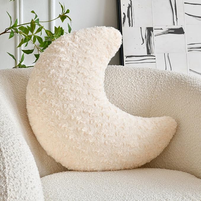 Moon Shaped Pillow with Soft Faux Fur for Couch, Bed, Sofa - Cute Half Moon Pillows with Room Decor for Bedroom, Living Room (14.9 Inches, Beige)