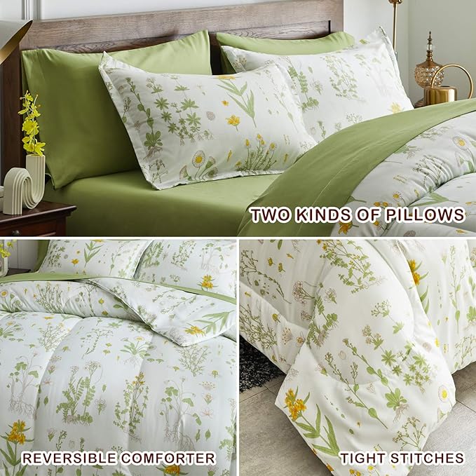 Joyreap 7 Piece Bed in a Bag King, Green Leaves Yellow Flower Botanical Design, Smooth Soft Microfiber Comforter Set (1 Comforter, 2 Pillow Shams, 1 Flat Sheet, 1 Fitted Sheet, 2 Pillowcases)