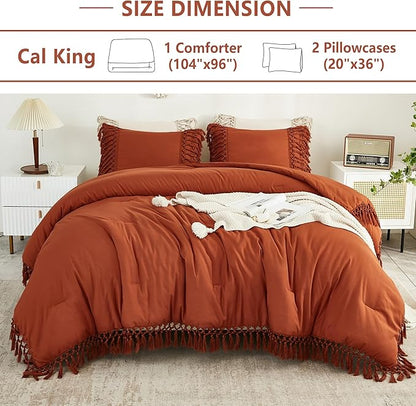 Andency Burnt Orange Comforter Set California King, 3 Pieces Boho Cal King Tassel Lightweight Soft Bedding Comforter Sets, Oversized Bed Set (104x96In Comforter & 2 Pillowcases)