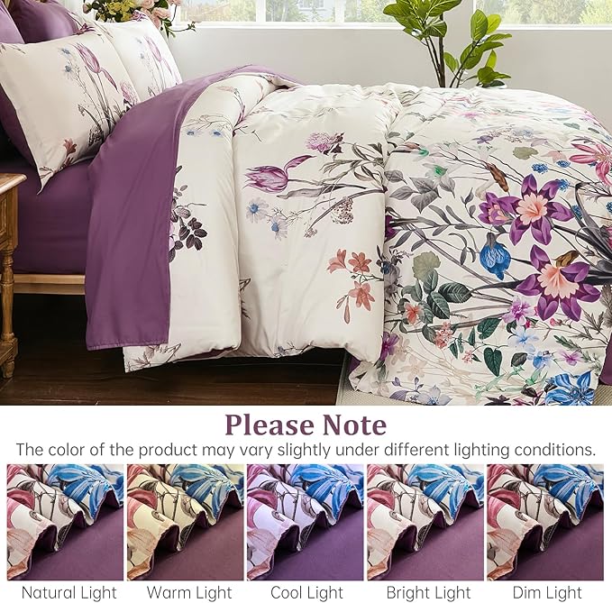 WONGS BEDDING Queen Comforter Set 7 Piece, Purple Floral Bed in a Bag Bedding Set with Botanical Flowers Patterns, Soft Lightweight Complete Comforters with Sheets for All Season