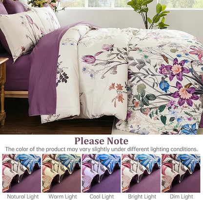 WONGS BEDDING King Comforter Set 7 Piece, Purple Floral Bed in a Bag Bedding Set with Botanical Flowers Patterns, Soft Lightweight Complete Comforters with Sheets for All Season