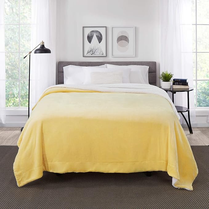 Genteele Sherpa Throw Blanket Super Soft Reversible Ultra Luxurious Plush Blanket, 90 x 90 inches, Yellow/White