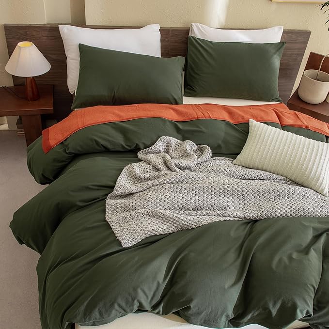 CozyTide Queen Size Comforter Set Olive Green,Cotton Soft Solid Dark Green Bedding Set & Collections,3 Pieces Lightweight Bedding Set for All Seasons (90x90In Comforter and 2 Pillowcases)