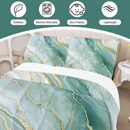Mint Green Marble Comforter Set Twin Size, Watercolor Marbled Bedding Set for Girls Boys Kids Women, Green and Gold Bedroom Decor, Soft Turquoise Bed Set with 1 Comforter and 1 Pillowcase