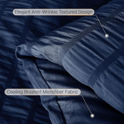 MUXHOMO 5 Pieces Twin Comforter Set, Seersucker Bed in a Bag Twin Size, All Season Luxury Bedding Set with Comforter, Flat Sheet, Fitted Sheet, Pillowcase & Sham, Navy Blue