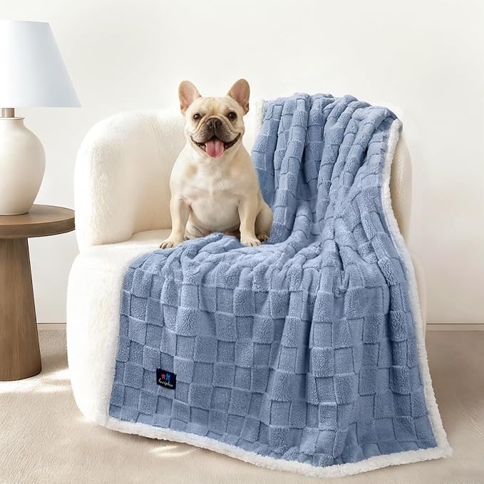 Luciphia Waterproof Dog Blanket for Medium Dogs Washable Soft Sherpa Fleece Cat Blankets with 3D Jacquard Cozy Calming Reversible Couch Protector Furniture Protection for Pet, Blue White, 57x40 inch