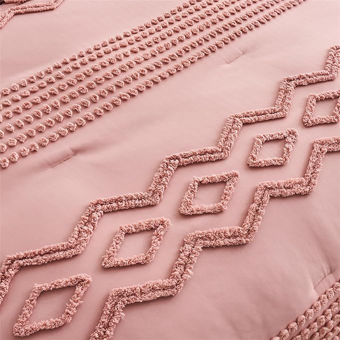 Blush Pink Tufted Comforter Set Queen Size 7 Piece Bed in a Bag, Shabby Chic Boho Comforter and Sheet Set, Pom Pom Textured Bed Set, All Season Soft Microfiber Complete Bedding Set(Pink,Queen)