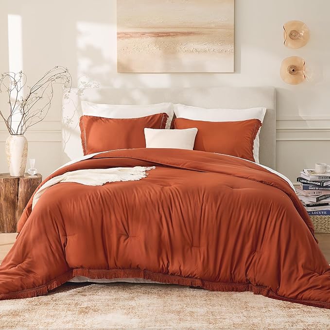 Andency Oversized King Size Comforter Set Terracotta 128x120, 3 Pieces Boho Soft Lightweight Bedding Comforter Sets, Rust Tassel All Season Bed Set (1 Comforter & 2 Pillowcases)