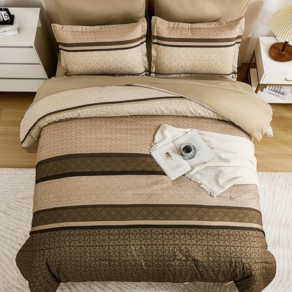 WONGS BEDDING 7 Pieces Comforter Set California King Size, Brown Striped Bed in a Bag Comforter and Sheet Set, Bohemian Soft Lightweight Micorfiber Bedding Set for All Season (96"×104")