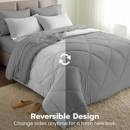 JOIEDOMI Twin Comforter Set with Sheets Light Grey, 5 Pieces Twin Bedding Sets with 1 Down Alternative Comforter, 1 Flat Sheet, 1 Fitted Sheet, 1 Pillowcase and 1 Pillow Sham, Bed in a Bag All Seasons