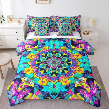 Oriental Mandala Comforter Set Vintage Floral Bedding Comforter Sets for Toddler Kids, Art Deco Medallion Bed in a Bag Boho Teal Pink Bedding King Size 7pcs, Retro Aesthetic Bedding Accessories