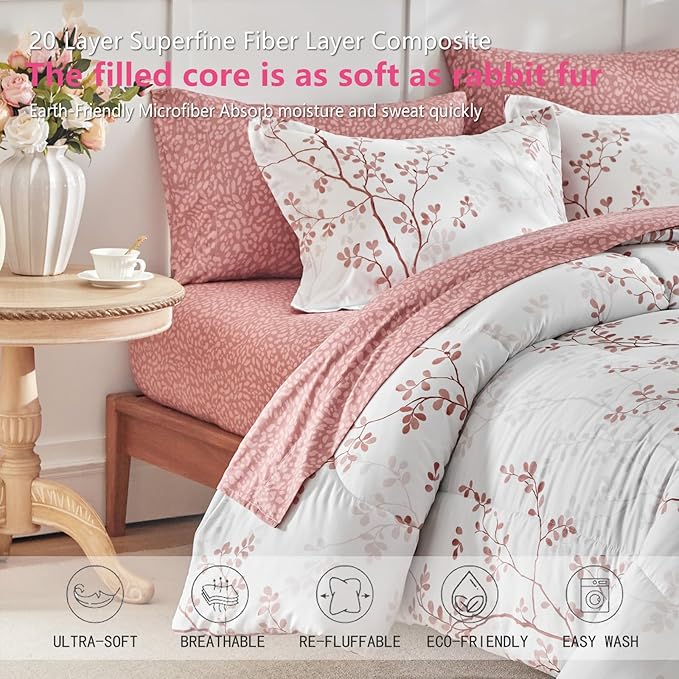 AIKASY Twin Comforter Set 6 Pieces- Soft Microfiber, Reversible Cute Floral Bedding Comforter Sets (1 Comforter, 2 Pillow Shams, 1 Flat Sheet, 1 Fitted Sheet, 2 Pillowcases)