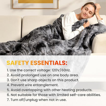 WOOMER Heated Blanket Throw 50" x 60", Electric Blanket Throw with 4 Heating Levels & 4H Auto Off, ETL Certified, Marble Grey Double-Sided Faux Fur, Over-Heat Protect, Machine Washable