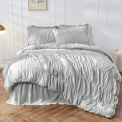 Bonlino Queen Comforter Set Light Grey Bedding - Ruched Comforter Queen Size Bed Set Boho Shabby Chic Comforter Fluffy 3 Piece Ruffle Comforter Set Pillow Girl Bedding Soft