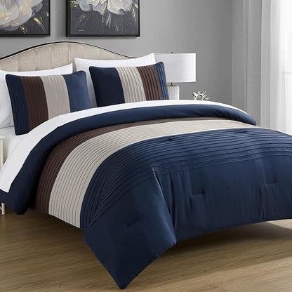 Chezmoi Collection Briar 7-Piece California King Bed in a Bag - All Season Lightweight Microfiber Comforter Set - Includes Sheets & Shams - Midnight Blue/Brown/Coffee Pleated Stripe Design