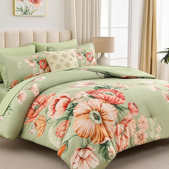King Size Comforter Set - 7 Pieces Floral Comforter and Sheet Set, Green King Size Bed in a Bag, Soft Microfiber Flower Complete Bedding Set for All Seasons（Green,104"x90"）