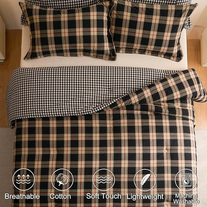 100% Cotton Comforter Set Full Size – Reversible Yarn-Dyed Checkered Design, Soft Washed Cotton on Both Sides, Lightweight All-Season Bedding, Machine Washable(Black Red Plaid, 80”x90”)