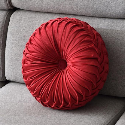 Round Throw Pillow Velvet 1 Pcs 14.17" Home Decoration Pleated 3D Pumpkin Pillow Cushion for Couch Chair Bed Car (Red)