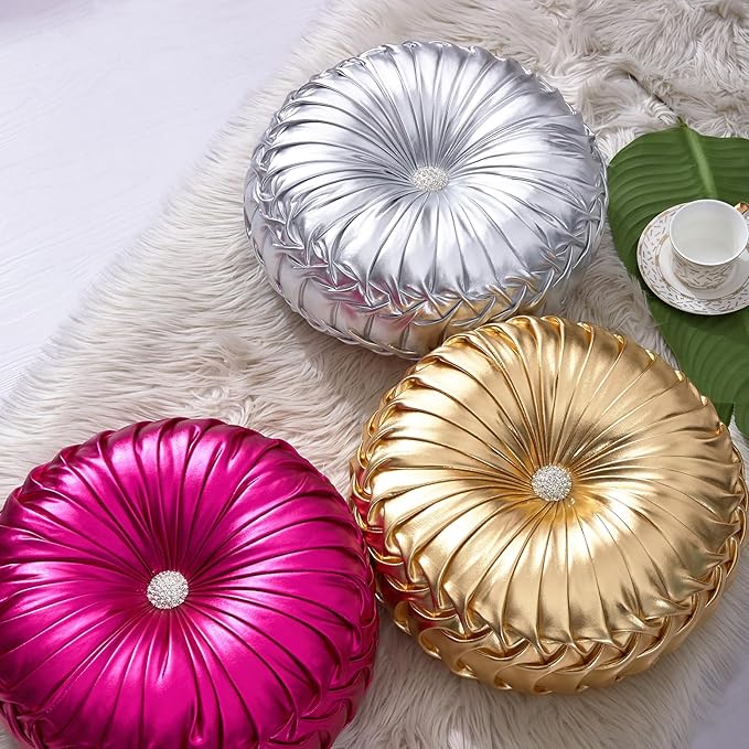 EUCIOR Round Throw Pillows,Pumpkin Pleated Handmade Metallic Throw Pillows,Silver Pillows,Modern Leather Decorative Pillowcases for Home Decor Bedroom Living Room Couch Bed Sofa (Silver)