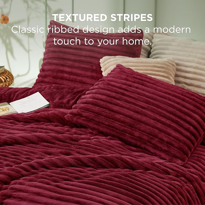 Bedsure Twin/Twin XL Comforter Set - GentleSoft™ 2 Pieces Fluffy Double-Side Fleece Comforter Set, Cozy Striped Room Decor Aesthetic, Luxury Red Twin Bedding with 1 Pillowcase, 68x88 Inches