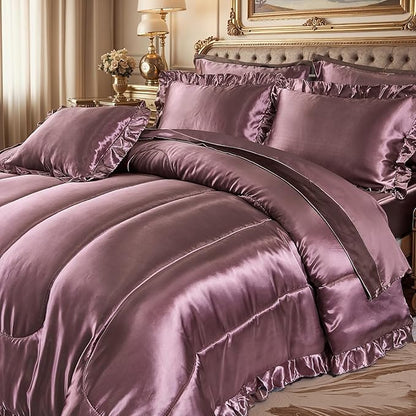 Silk Like Satin Comforter Set with Sheet Set King Size 8 Pieces Blush Pink Satin Bedding Set Silky Ruffle Pattern Home Deocr Luxury Silky Comforter Set with 1 Cushion Cover