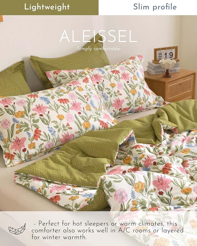 Luxurious Cotton 3pcs Floral Comforter Sets King Size - Blush, Yellow & Blue Spring Garden Floral Prints on White, Warm Olive Green Reverse,Vintage Lightweight Bedding Sets(King 104"×90")