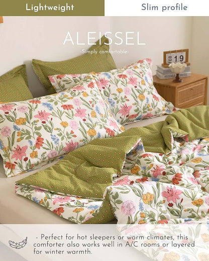 Luxurious Cotton 3pcs Floral Comforter Sets King Size - Blush, Yellow & Blue Spring Garden Floral Prints on White, Warm Olive Green Reverse,Vintage Lightweight Bedding Sets(King 104"×90")