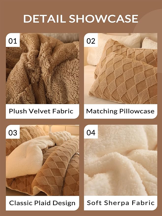 Tufted Fleece Comforter Set King - Super Soft Warm Fluffy Shaggy Bedding Sets, Diamond Plaid Jacquard Bed Set for Winter, 1 Sherpa Comforter with 2 Pillow Cases (104"X90" Beige)