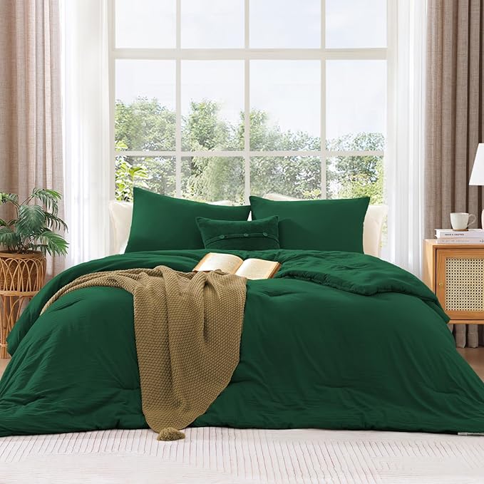 WRENSONGE Queen Comforter Set - 3 Pieces Prewashed Emerald Green Comforter Soft Lightweight for All Seasons,Down Alternative Comforters Queen Size with 2 Pillow Shams