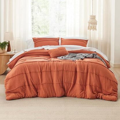 Bedsure California King Comforter Set - 4 Pieces Pinch Pleat Bed Set, Burnt Orange Boho Bedding for All Season, 1 Soft Comforter, 2 Pillowcases, 1 Decorative Pillow