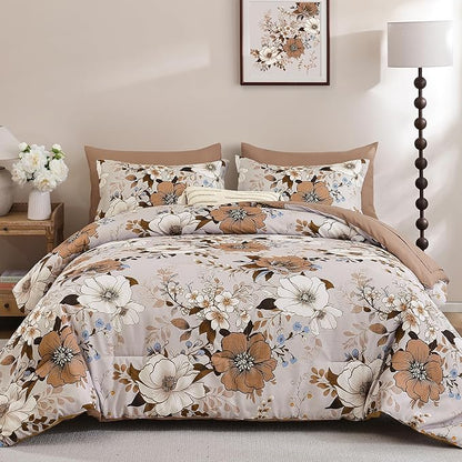 Xruibed Brown Floral Comforter Set Queen Size 7 Pieces Bed in a Bag Flower Comforter Set with Sheet, Pillowcases, Pillowshams, Soft Microfiber Bedding Set for All Season (Queen 90''x90'')