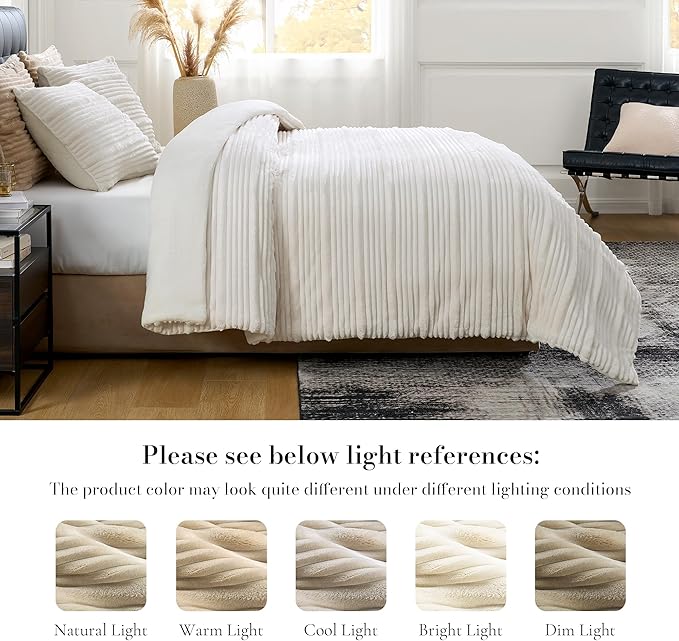 Amélie Home Premium Fleece Queen Comforter Set,Soft Fuzzy Striped Flannel Bedding Set for Winter, 3 Pieces, 1 Cozy Comforter with 2 Pillowcases, Ivory, 90"x90"
